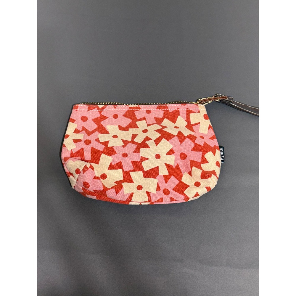 Maika Canvas Wristlet Pouch Red Pink Floral Geometric Zipper Clutch Bag
